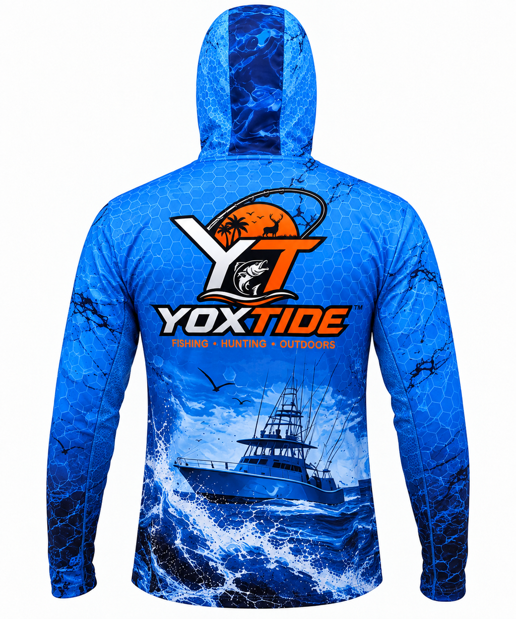 YOXTIDE™ Performance Fishing & Hunting Hoodie – Marlin & Offshore Boat Blue