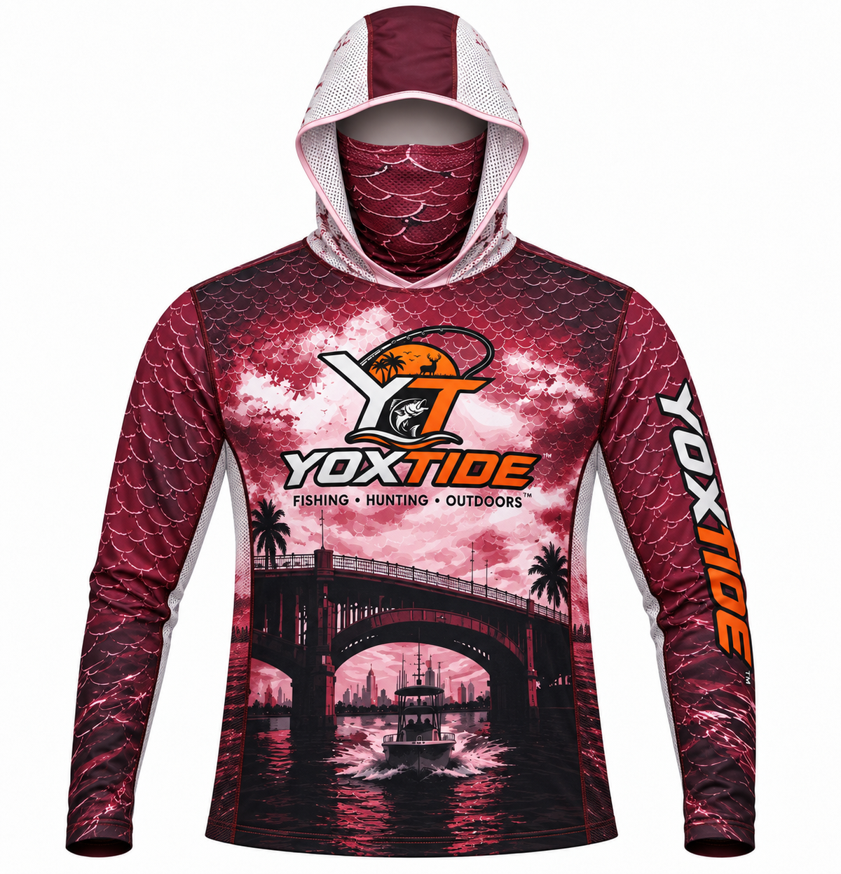 YOXTIDE™ Performance Fishing & Hunting Hoodie – Bridge & Boat Burgundy