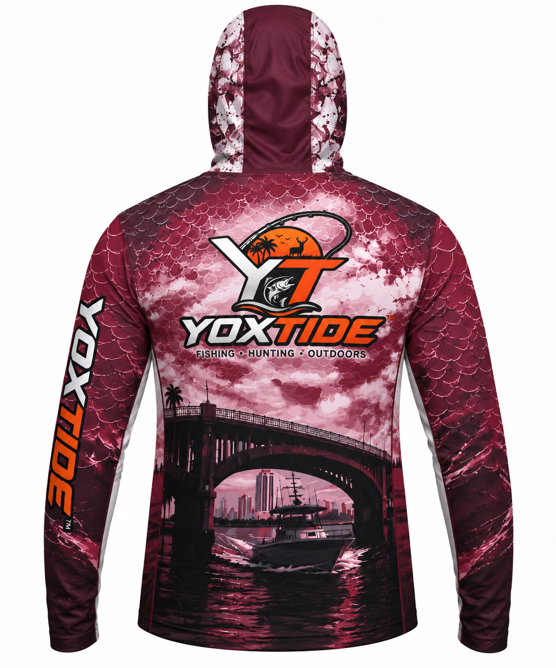 YOXTIDE™ Performance Fishing & Hunting Hoodie – Bridge & Boat Burgundy