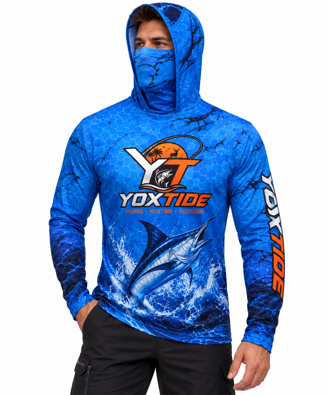 YOXTIDE™ Performance Fishing & Hunting Hoodie – Marlin & Offshore Boat Blue