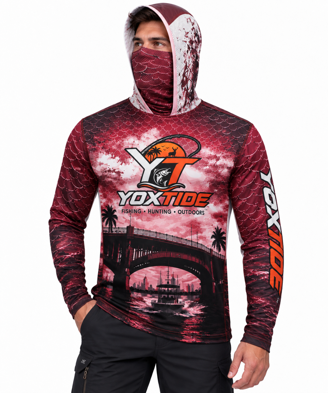 YOXTIDE™ Performance Fishing & Hunting Hoodie – Bridge & Boat Burgundy