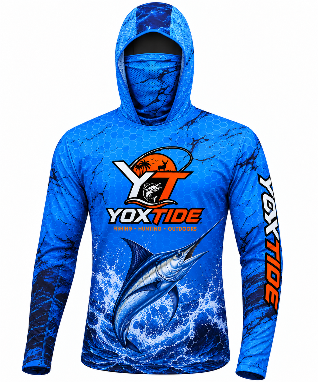 YOXTIDE™ Performance Fishing & Hunting Hoodie – Marlin & Offshore Boat Blue
